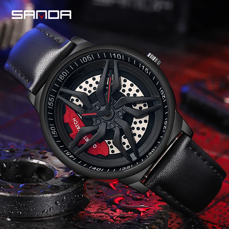 

Hot Sell Leather Men Watch Stainless Waterproof Sport Watch Racing Car Rim Wheel Rotating Dial Men High Quality Quartz Clock