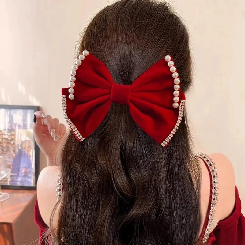 Elegante Einfarbig Perle Strass Bogen Haar Clips Frauen Luxus Temperament Frühling Clip Haarnadeln Ornament Haar Zubehör