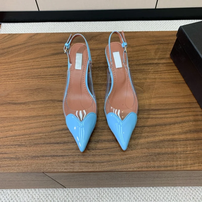 Baotou pointed middle heel sandals with a back strap, shallow mouth heart high heels, slim heels, PVC kitten heel shoes