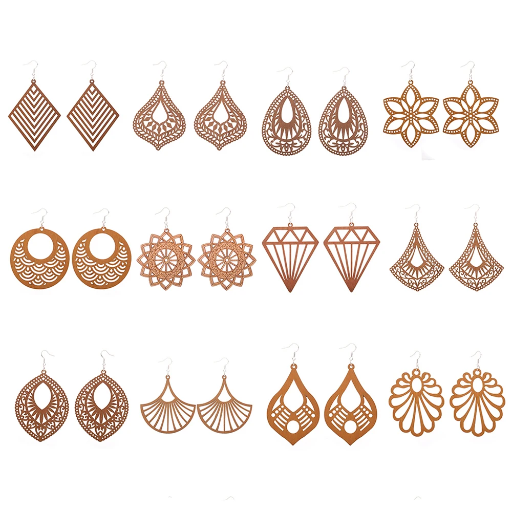 12 Pairs Vintage Water Drop Hollow Charms Carving Dangly Different Shapes Wood Earrings Bohemian Style Fall Winter Ear Ornaments 1