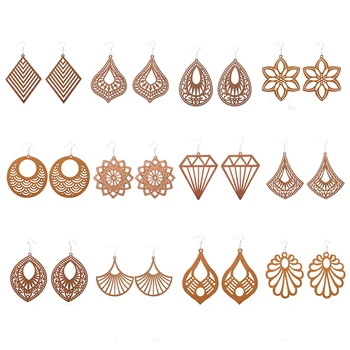 12 Pairs Vintage Water Drop Hollow Charms Carving Dangly Different Shapes Wood Earrings Bohemian Style Fall Winter Ear Ornaments 1