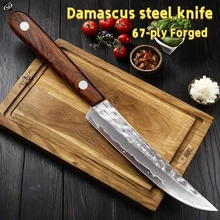 67겹 단조 다마스커스 강철 과일칼 날, 날카로운 껍질 벗기기/뼈 제거용 칼, 매끄러운 원목 손잡이, 주방용품 칼