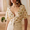 2023 Jacquard Cotton Printed V-neck Short-sleeved Floral Lace Patchwork Single-breasted Top
