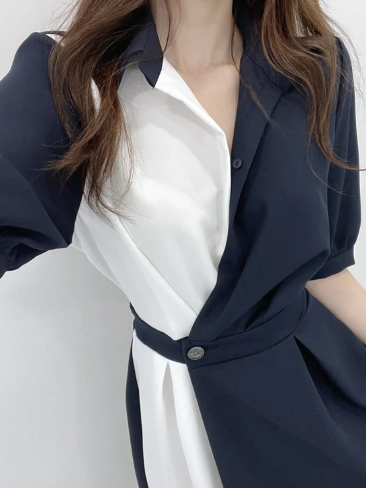 

Summer Women Shirts Dress Elegant Office Ladies Patchwork Short Sleeve Vestidos Vintage Korean A-Line Midi Dresses for Women
