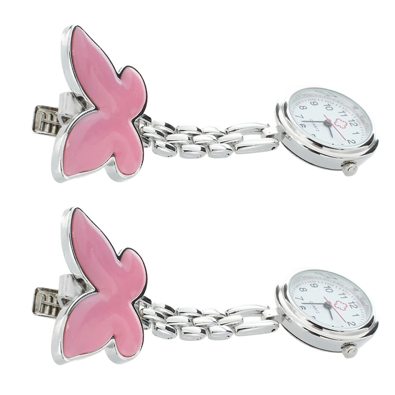 

2X Pink Bowknot Quartz Movement Clip Nurse Brooch Fob Tunic Pendant Watch