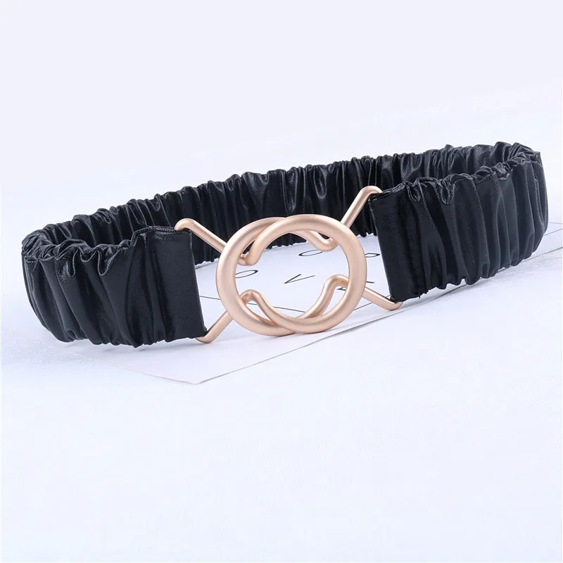 

Round Buckle Faux Leather Black Elastic Waist Belts for Women Ladies Dress Wide Seal Belt Stretch Strap Waistband Accessories