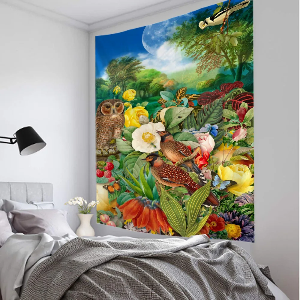 Flower, bird, plant tapestry, animal wall hanging cloth, hippie kawaii room decoration aesthetics, Bohemian wall decoration