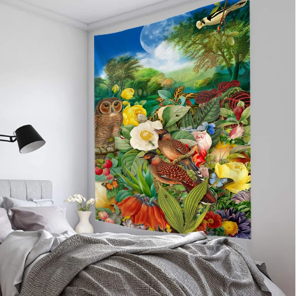 Flower bird plant tapestry animal wall hanging cloth hippie kawaii room decoration aesthetics Bohemian wall decoration tapestry decor