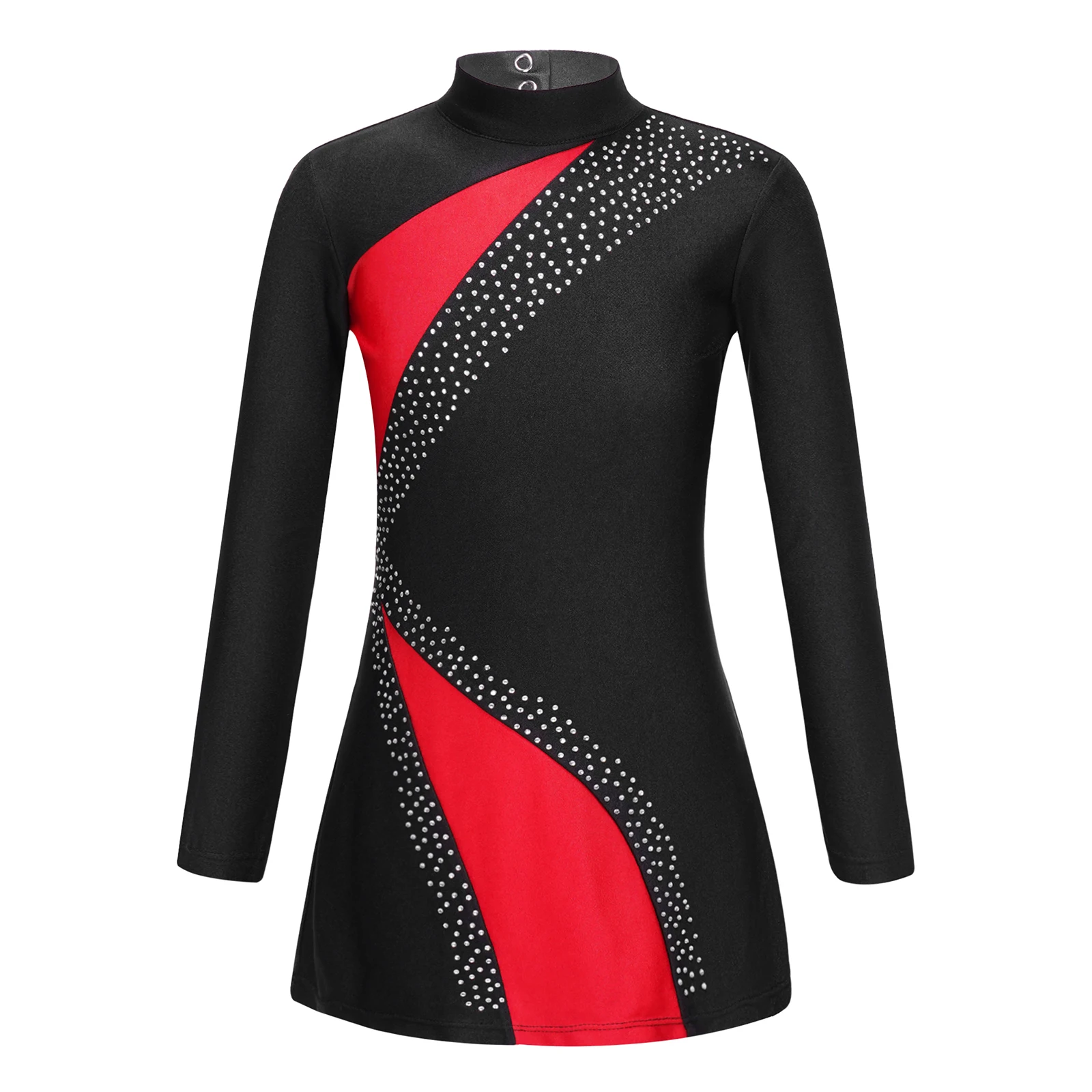 

Kids Girl Patchwork Style Skating Dance Dress Long Sleeve Round Collar Backless Rhinestone Decorated Dancewear Stage Performance