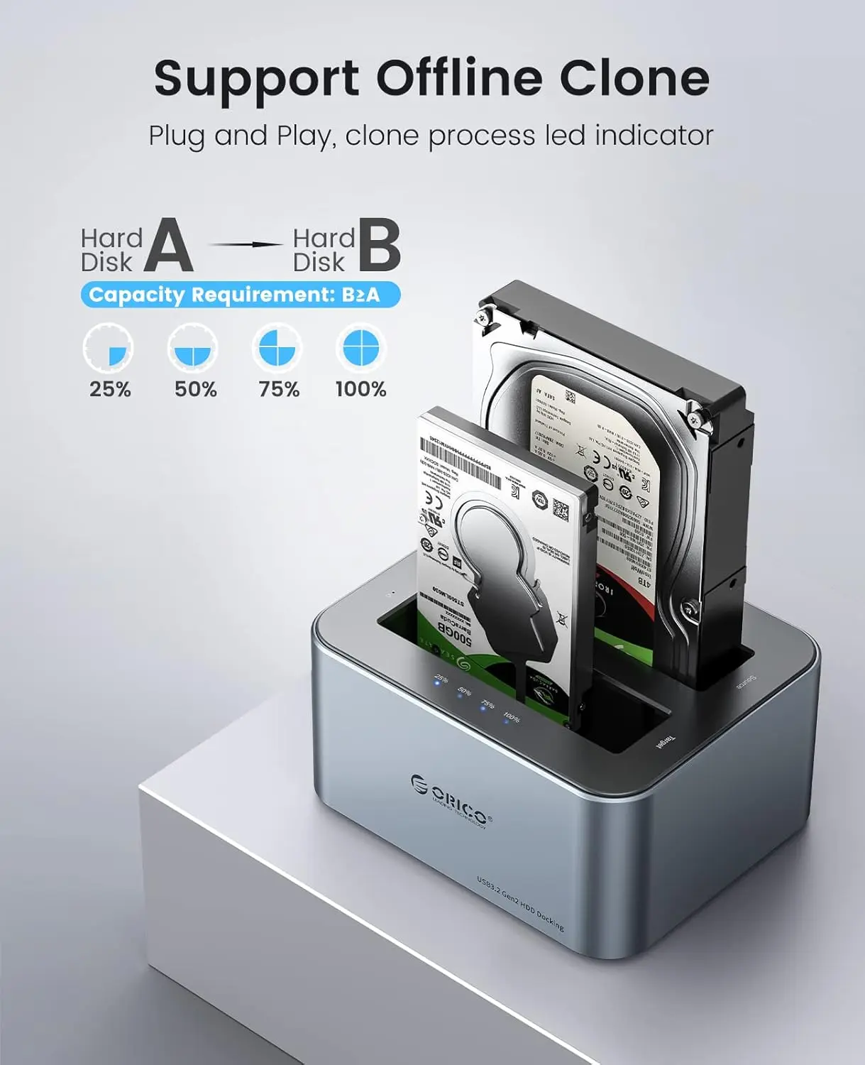 ORICO 하드 드라이브 도킹 스테이션, 오프라인 클론 기능 탑재, 알루미늄 합금 듀얼 베이 USB C - SATA 하드 드라이브 도크 (2.5 또는 3.5 HDD용)