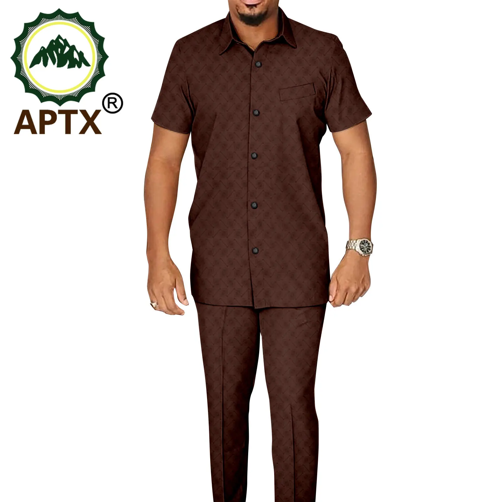 APTX African Men Clothing Pants Set Short Sleeves Shirt + Full Length Pants Casual 2 Pieces Suit TA2316004