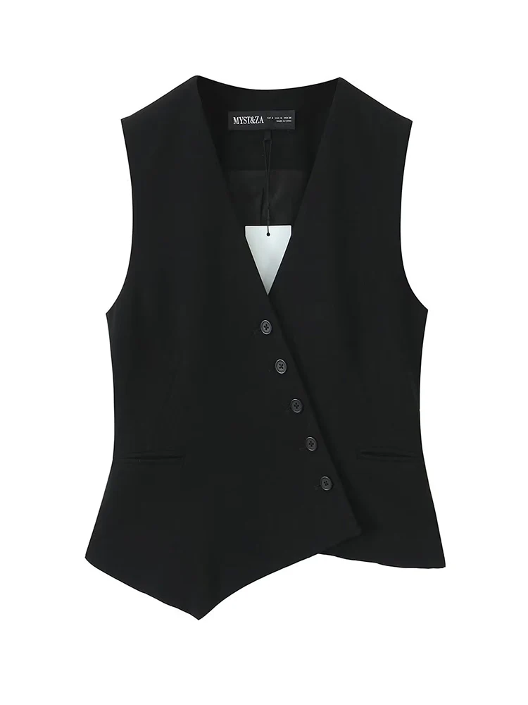 TFMLN New Women Spring Summer Asymmetrical Vest Female V-neck Slim Commuting Vest  Sleeveless Top Buttons Black White Outerwear