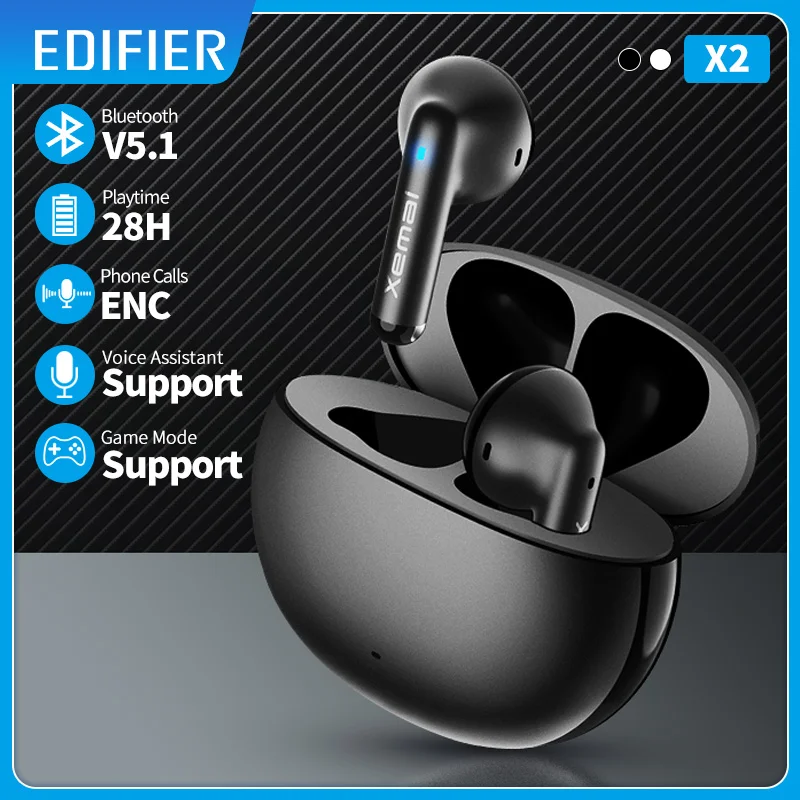 EDIFIER-X2 TWS 이어버드 무선 이어폰, 블루투스 5.1 음성 도우미 13mm 드라이버 터치 컨트롤 최대 28 시간 재생 게임 모드