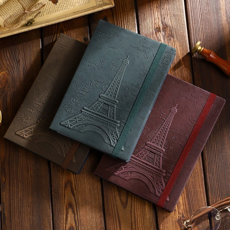 Retro Iron Tower Embossed Leather Notebook Diary