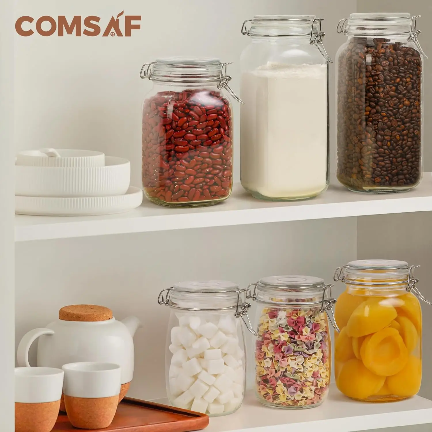 Airtight Glass Canister Set of 3 with Lids 78oz Food Storage Jar Square - Storage Container with Clear Preserving Seal Wire Clip 4