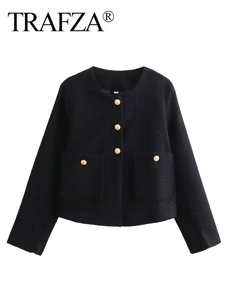 HH Women Fashion Textured Coat With Pockets Button Long Sleeve Jacket Vintage Solid O Neck Outerwear Woman Chic Coats