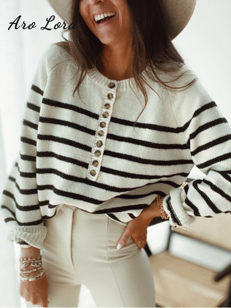 

Fashion Striped Knitted Sweater For Women 2023 Autumn Winter Loose Button Pullover Women's Casual O Neck Long Sleeve Knitwears