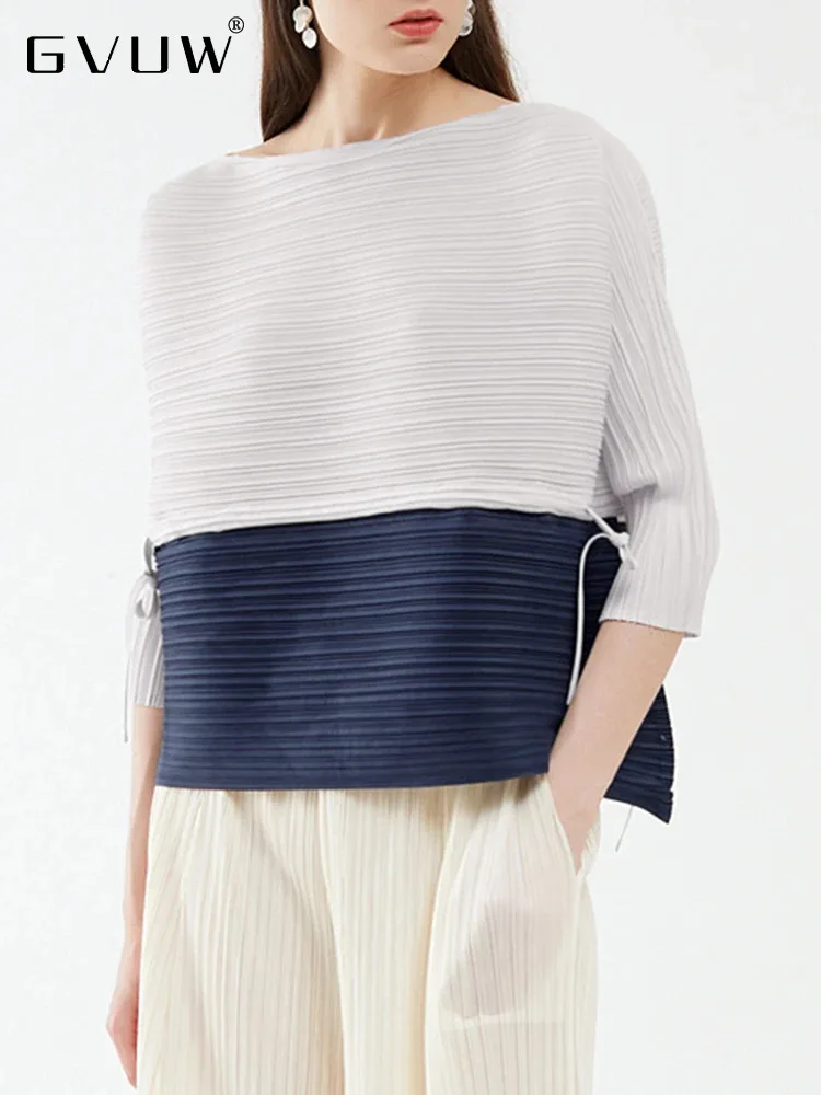 

Плиссированная цветная футболка GVUW, Женская свободная футболка с круглым вырезом, новинка 2024, летняя модная Шикарная стильная одежда на шнуровке для женщин 17G4416