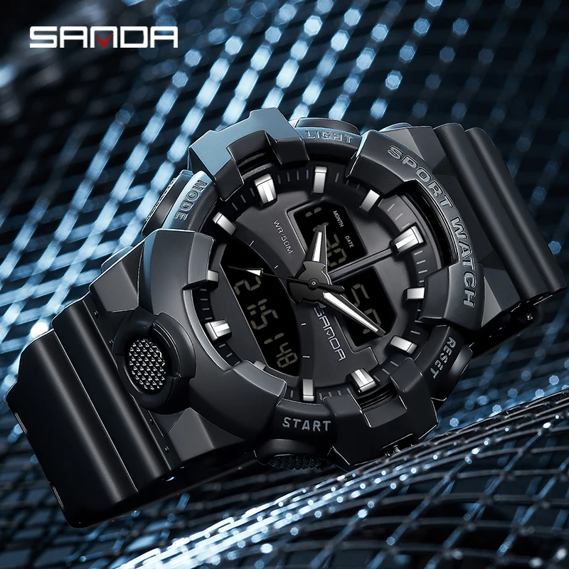 SANDA Brand Sport Watches Mens Military Waterproof Shockproof Watch Dual Display Auto Date Male Quartz Digital Wristwatches