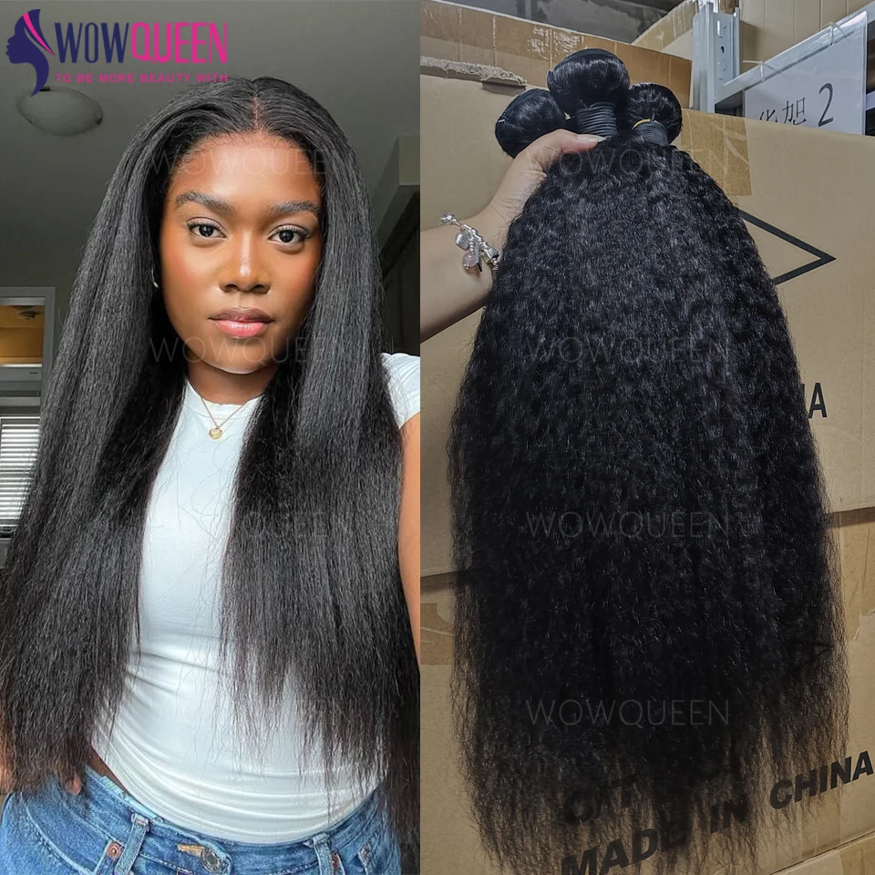 Kinky Straight Human Hair Bundles 100% Human Hair Yaki Straight Bundle 12A Natural Color Weaving Human Hair Extensions 32 Inch 2