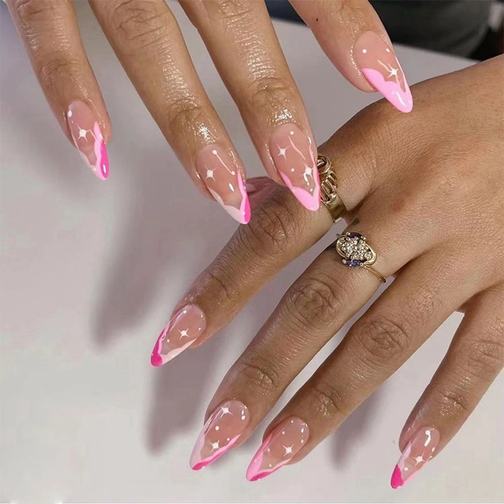 24pcs Fake Nails Pink Starry Sky Designs Almond Round False Nails Press On Nail French Ballerina Nail Art Patch Nail Tips False Nails Aliexpress