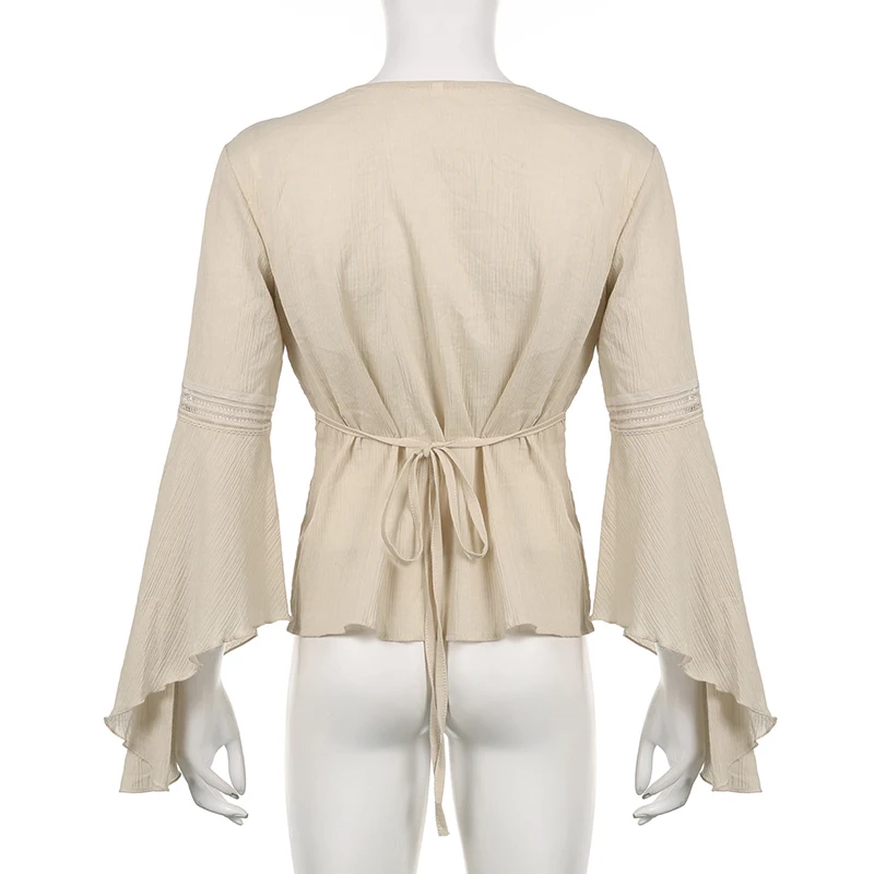 Elegant Beige Women Top Cotton V Neck Flare Sleeve Loose Fit Aesthetic Tee Shirt Vintage Chic Back Lace Up Pullovers
