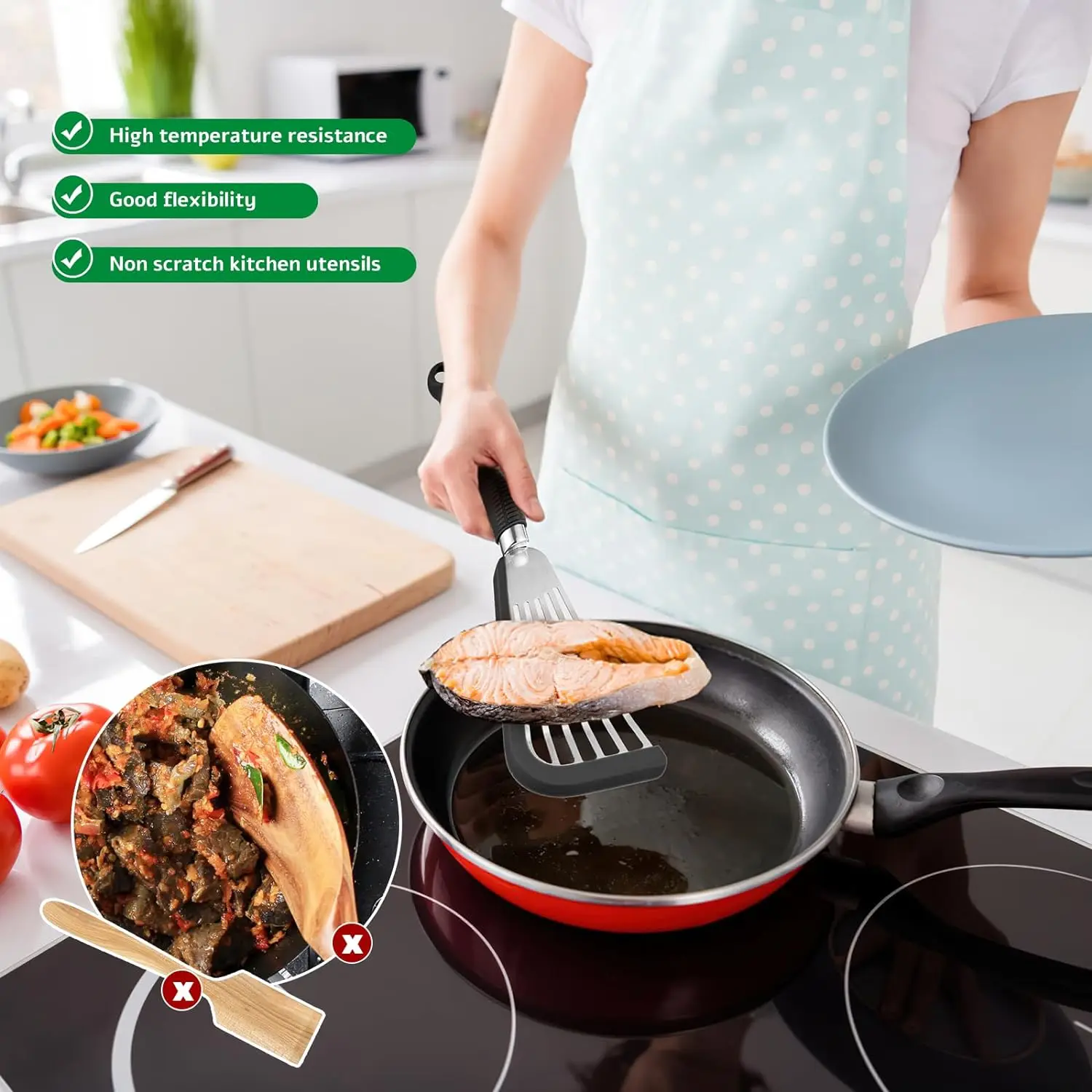 Silicone Fish Spatula for Nonstick Cookware Slotted Spatula Turner with Heat Resistant Silicone Handle for Cooking