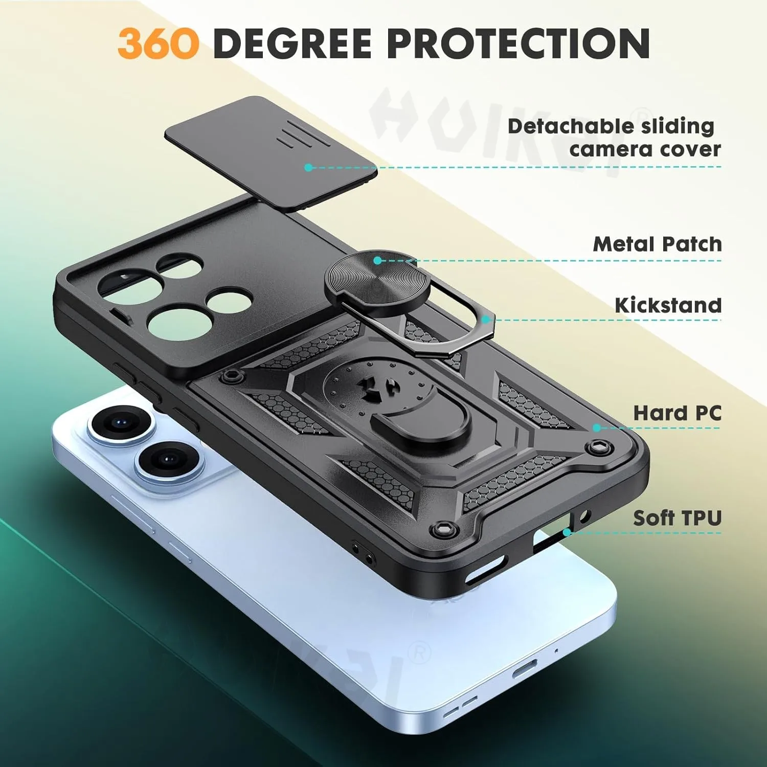 Shockproof Armor Phone Case with Slide Camera Protector and Kickstand