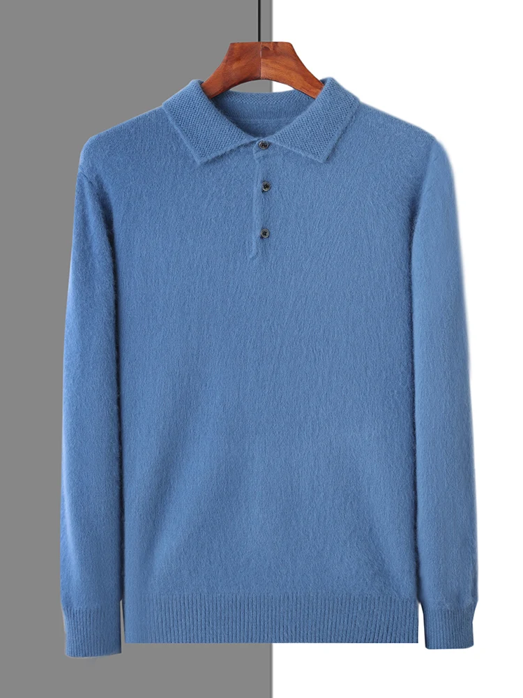 100% Mink Cashmere Jacket Men's POLO Collar Pullover 2024 Spring Autumn New Knitted Tops Casual Loose Large Size Men's Shirts 4