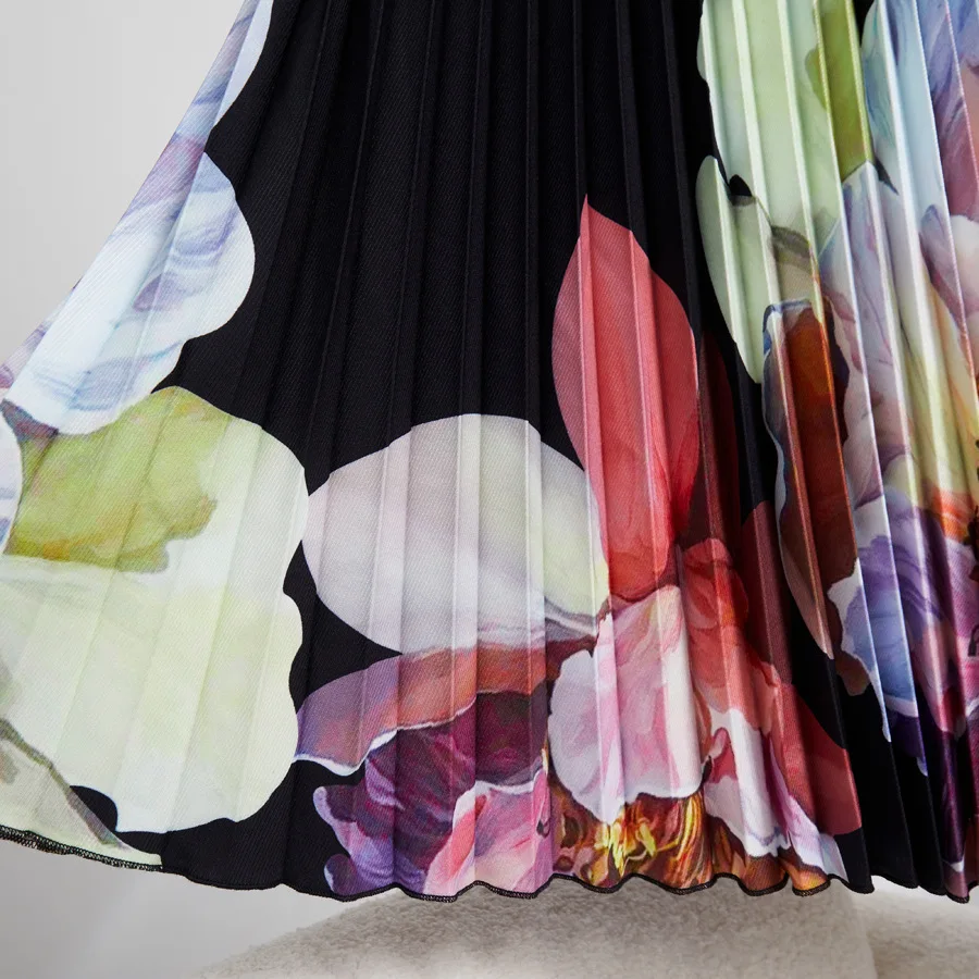 Pleated 2 Pieces Set Fashion Printing High Elastic Slim Fit Long Sleeve Tops + High Elastic Waist A-Line Long Skirt Suit Autumn