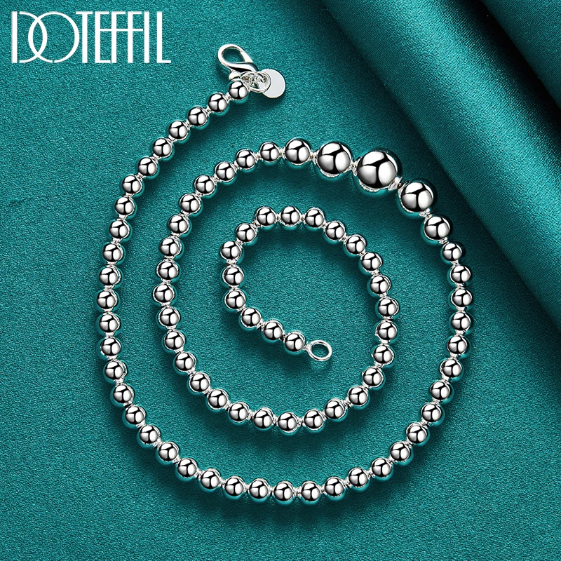 DOTEFFIL 925 Sterling Silver 6 8 10 12mm Smooth Bead Ball Chain Bracelet Necklace Set For Women Man Fashion Wedding Jewelry