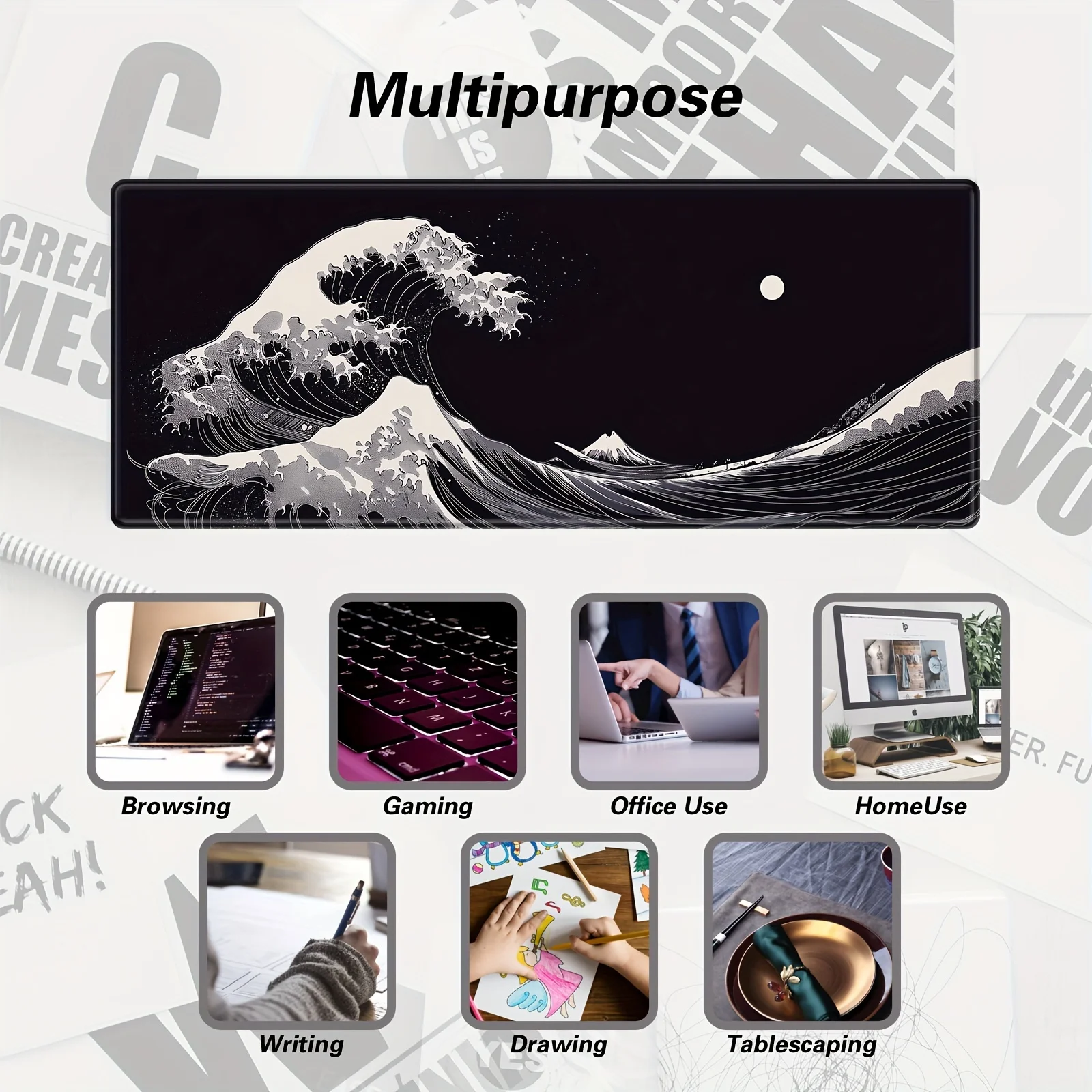 Black Wave Design Desk Mat - XXL Large Anti-Slip Rubber Mouse & Keyboard Pad