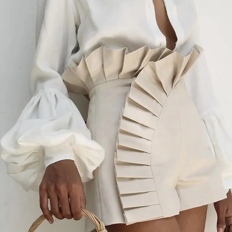 2023 Summer Women's Shorts Fashion Solid Color Ruffled Hem Pleated High Waist Sexy Versatile Street Shorts Womens Clothing