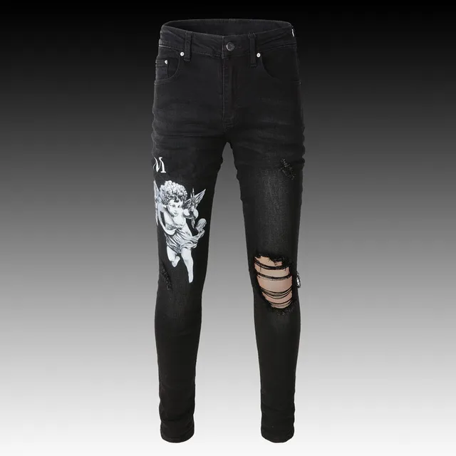 Mens Slim Fit Hollow Frayed Hole Jeans Printing Letters Mens Slim Fit Hollow Frayed Hole Jeans Printing Letters