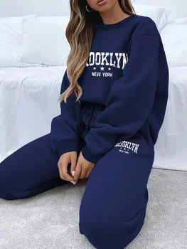 Women's autumn and winter hip-hop casual Brooklyn New York letter printed round neck sweatshirt+sweatpants set warm clothing 1