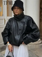 TFMLN 2025 femmes Faux cuir veste ample haute rue col montant à manches longues manteau mode casual fermeture éclair vêtements d'extérieur automne hiver 4