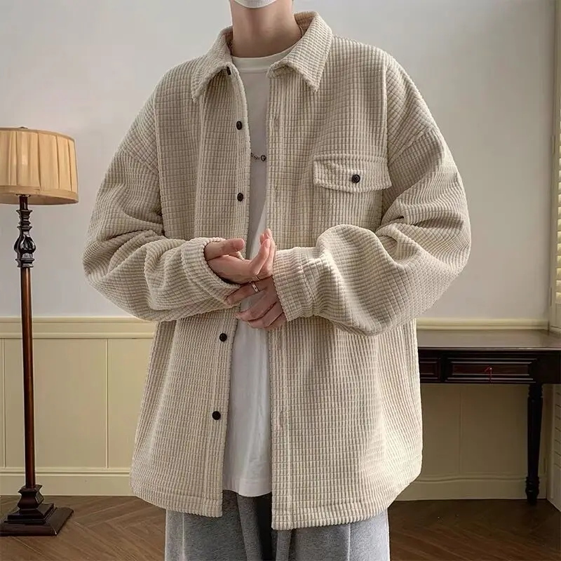 

Men's long sleeve loose corduroy shirt over pullover top