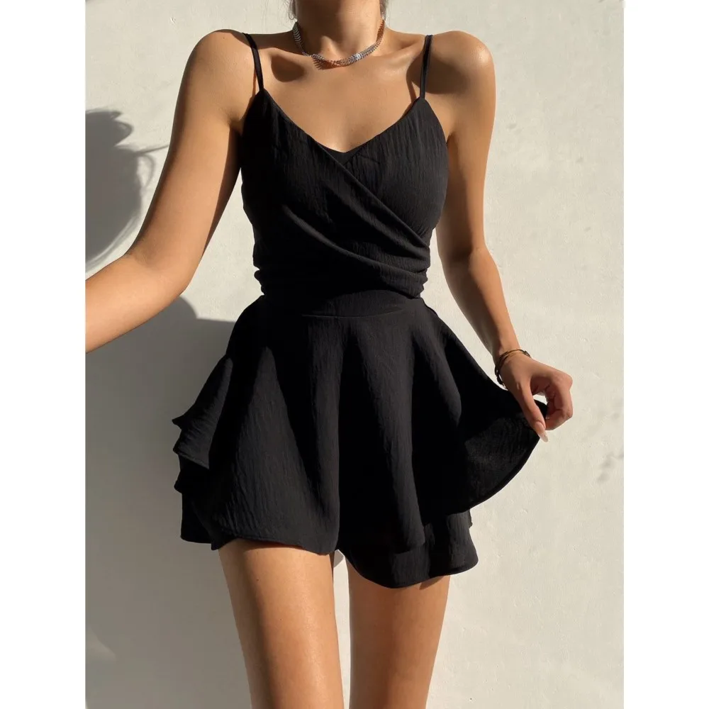 2023 Summer Spaghetti Strap Solid Party Jumpsuits Women Sexy V-neck Cross Off Shoulder Irregular Mini Dresses Hem Black Jumpsuit 2023 summer spaghetti strap solid party jumpsuits women sexy v neck cross off shoulder irregular mini dresses hem jumpsuit