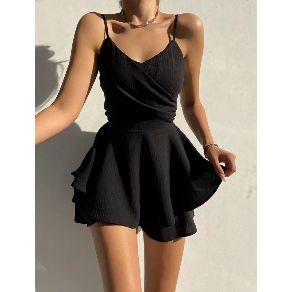 2023 Summer Spaghetti Strap Solid Party Jumpsuits Women Sexy V-neck Cross Off Shoulder Irregular Mini Dresses Hem Black Jumpsuit