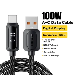 Essager 100W USB A to Type C Fast Charge & Data Cable with LED Display - 1m (Black 100W A TO C)