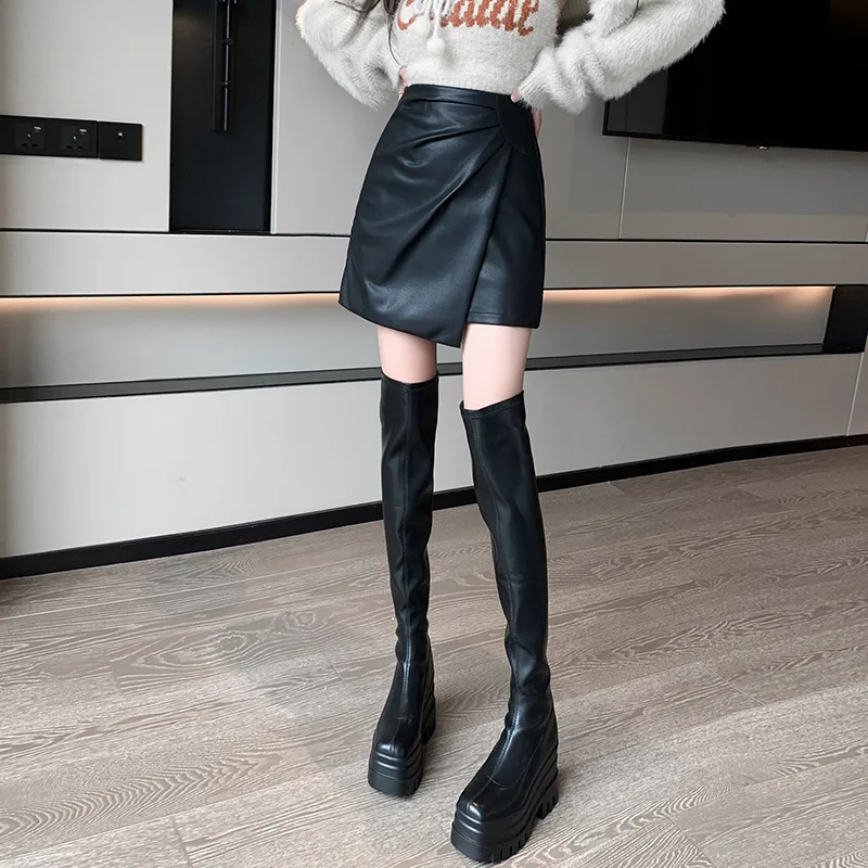 2022 Autumn/Winter Women's Pleated Skirt Solid Color Short Skirt High Waist Wrapped Hip Skirt A-line Skirt Irregular Half Skirt