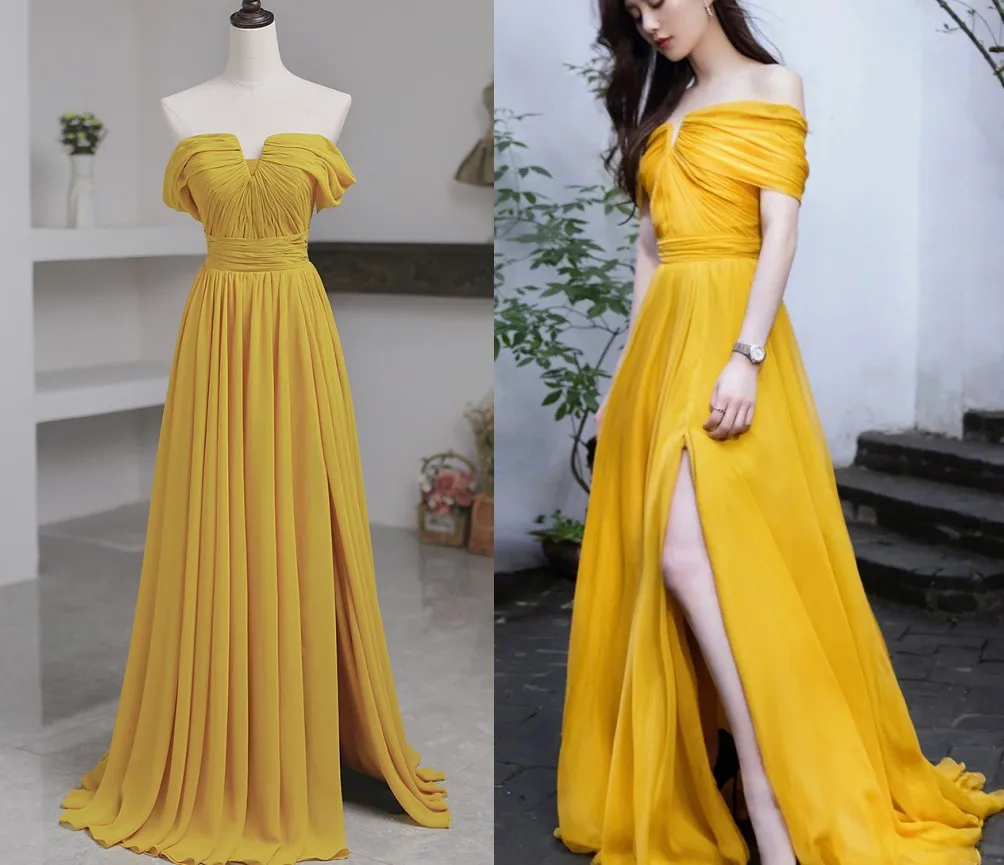 

Sexy Simple Gold Celebrity Prom Dresses Off the Shoulder Pleats Chifon Slit Formal Evening Gowns Robe Soiree Vestidos De Longo