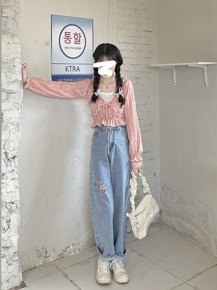 Sweet Love Ripped Blue Jeans for Women 2023 Autumn New Cute Loose High Waist Slimming Wide-Leg Denim Straight Pants Female