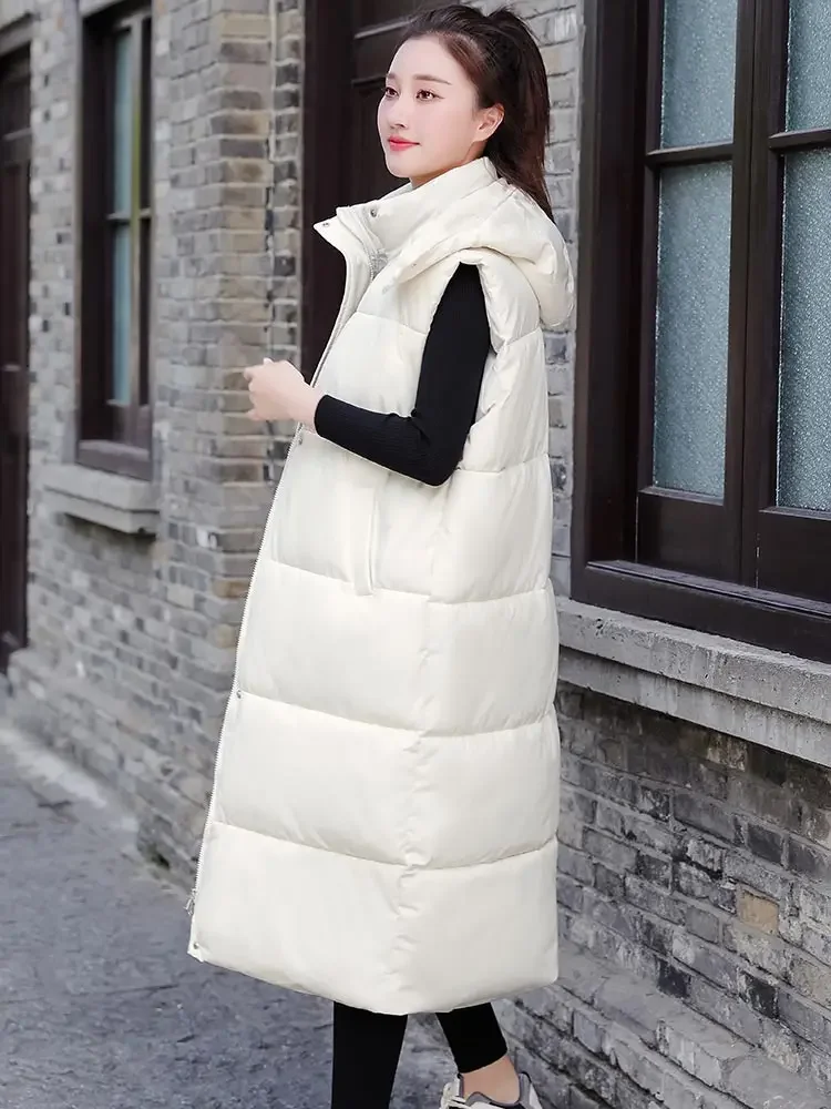 Vielleicht New Long Winter Cotton Vest  Jacket Women Warm Coat Hooded Zipper Sleeveless Overcoat Loose Bow Tie Sashes Waistcoat