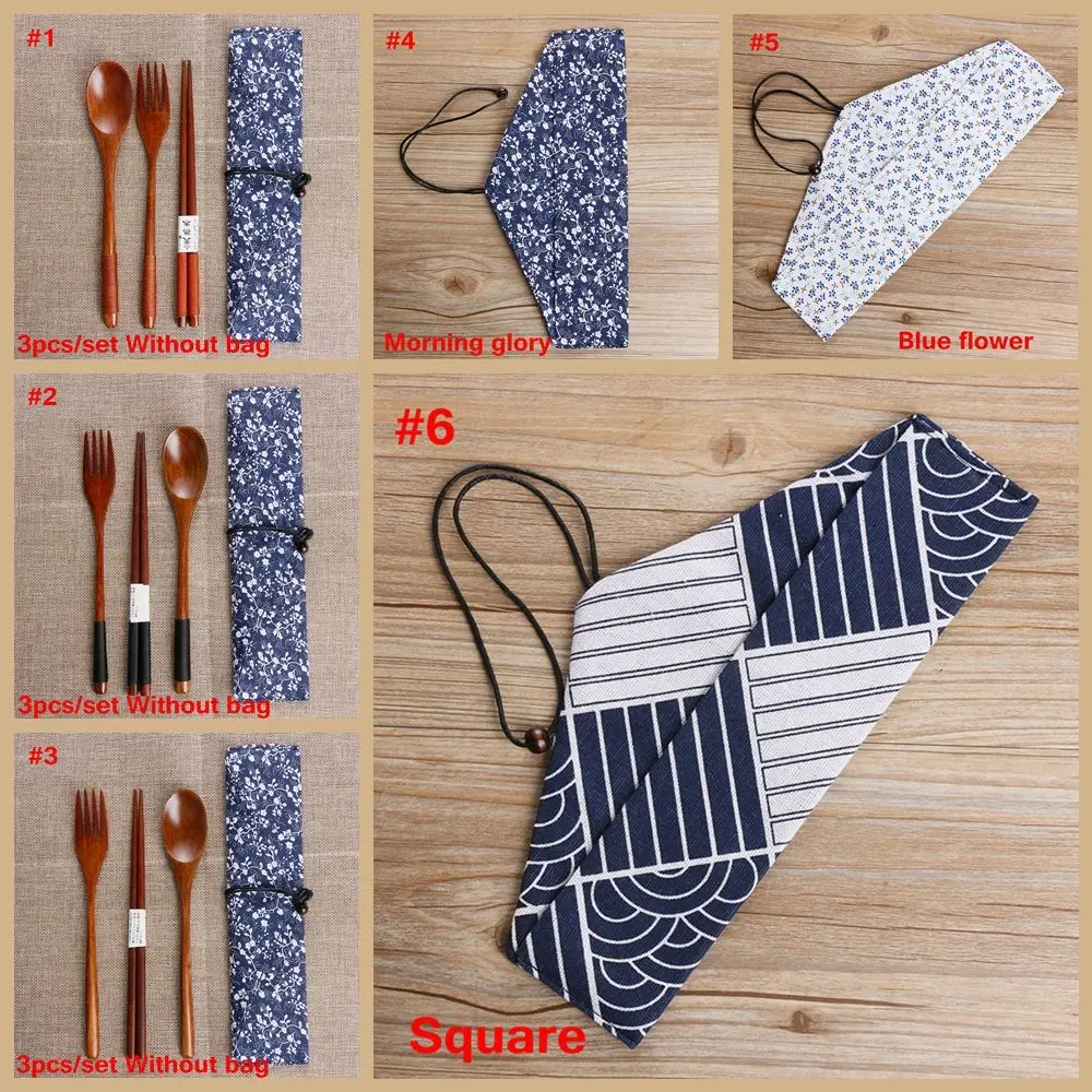 Natural Wooden Spoon Fork Chopsticks Combination Portable Travel Cloth Bag Handmade Kitchen Cutlery Set Japanese Style