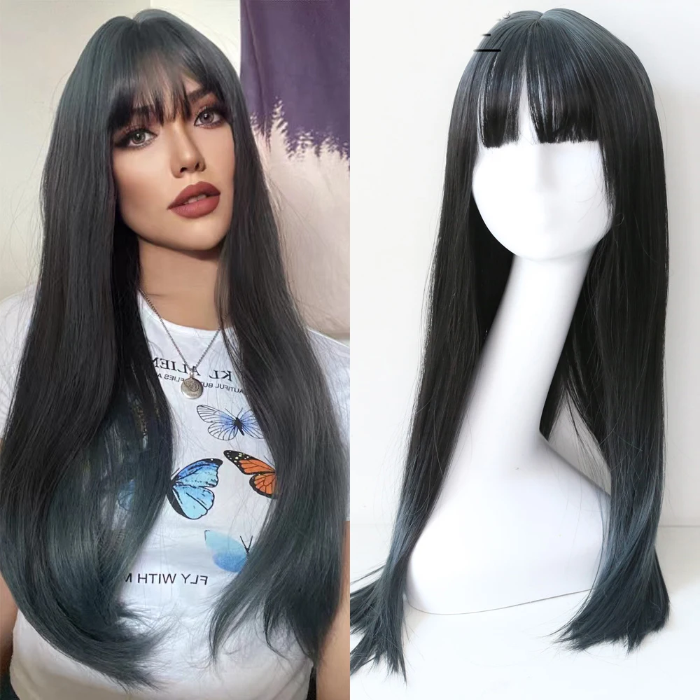 Sivir Long Straight Synthetic Wigs For Woman Natural Hair Bangs Anime Cosplay Lake Blue Heat Resistant Fibre Full mechanis Wig