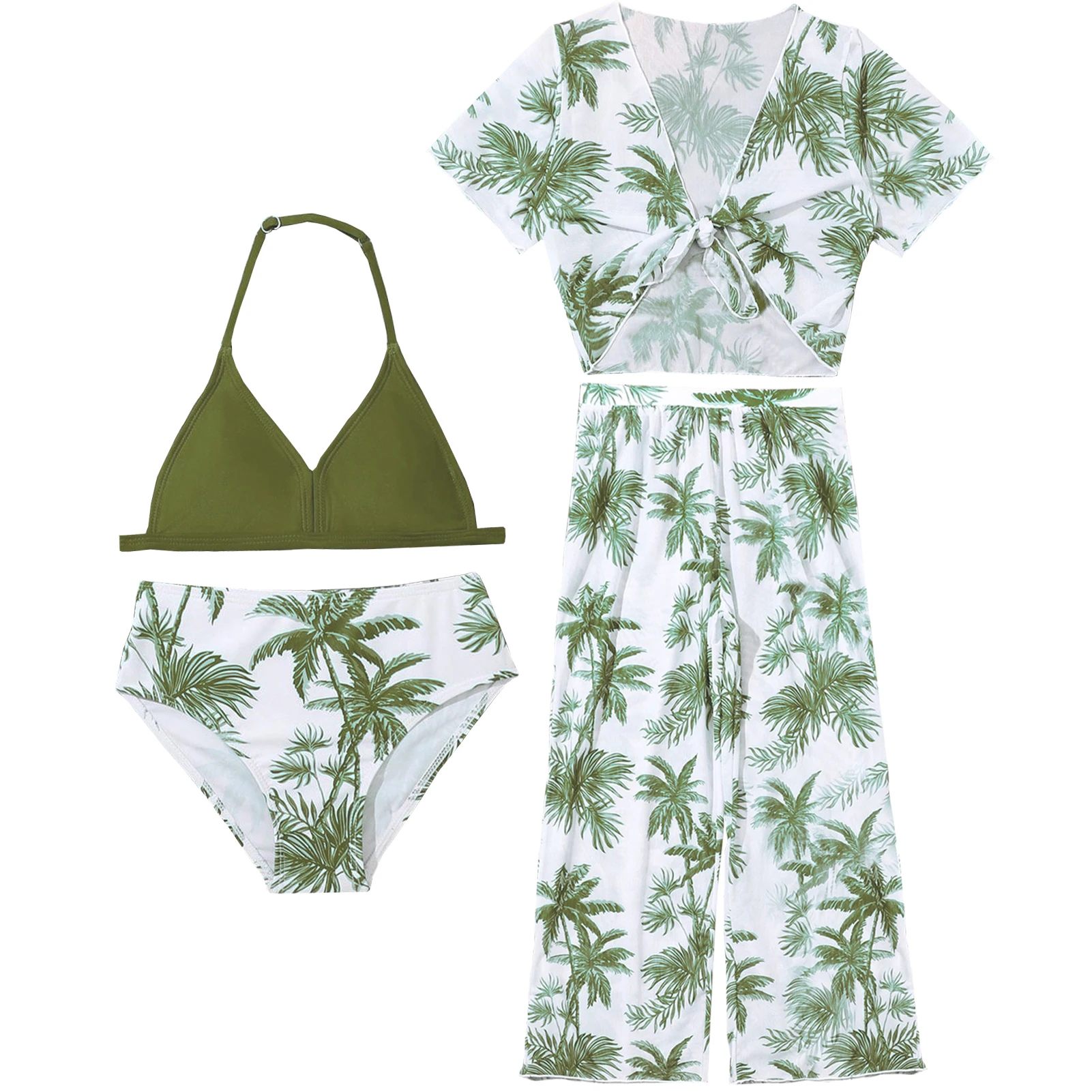

Girls Swim Bikinis Tropical Print 4-Piece Swimming Short Sleeve Tops+Sling Bikini+Bottoms+Pants Lightweignt Beaching Bathsuits