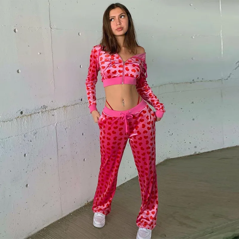 Love Heart Printed Y2k Hooded Sweatshirts Set Women Short Tops Long Pants Two Piece Set Hoodies Loose Casual Sweatshirts Suits