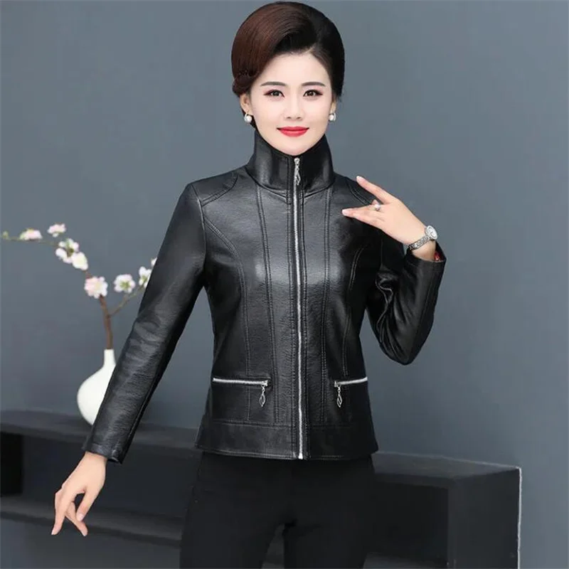 Fashion Elderly Women\'s Leather Clothes 6XL Big Size Women\'s PU Pi Jacket New Spring Autumn Casual Jackets Female Outerwear Tops
