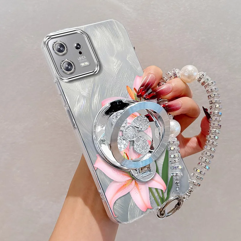 Pink Flowers Phone Case Set with Lanyard and Stand